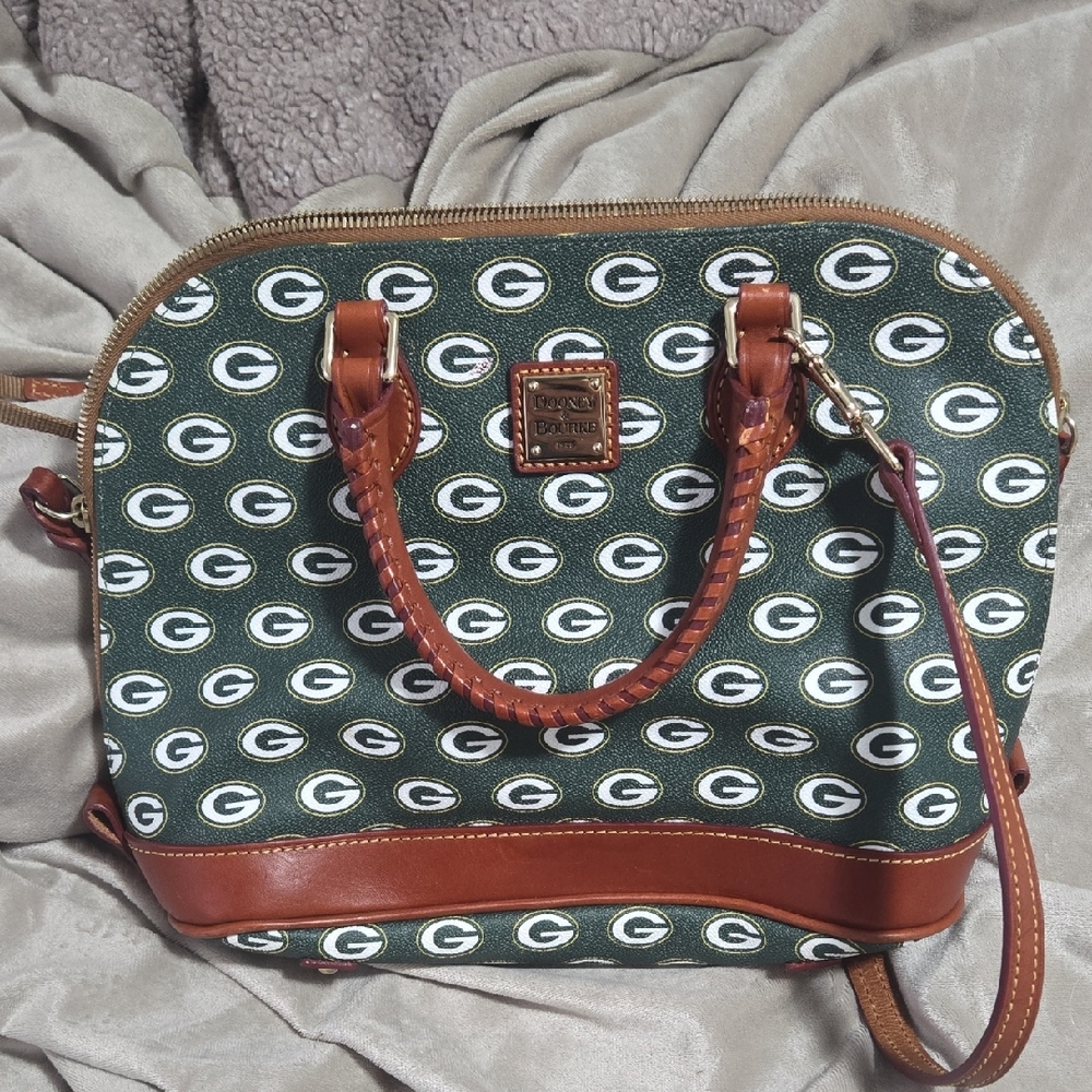 Dooney & Bourke Green Logo Canvas Satchel with Brown Leather Trim